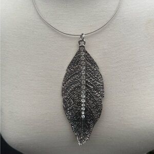 Statement Pendant Feather Choker - Silver Tone with Rhinestone Detail